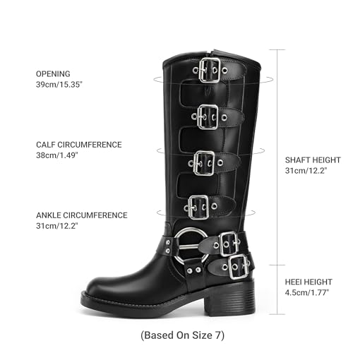 DREAM PAIRS Women's Knee High Riding Boots Side Zipper Motorcycle Boots Square Toe Chunky Heel Fashion Buckles Biker Boots - Image 5