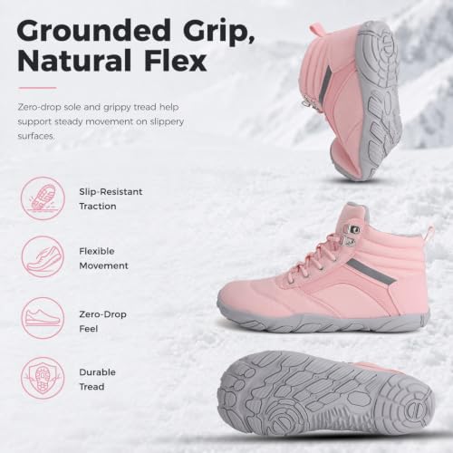 Image of Womens Mens Winter Barefoot Boots Warm Minimalist Wide Toe Box Snow Boots Zero Drop Sole Outdoor Water Resistant Ankle Booties