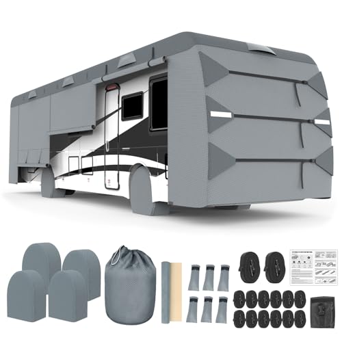 DenForste Class A RV Cover, 37'-40' Camper Cover, Upgraded 8-Layer UV Protected RV Cover, Wind and Water Resistant with Extra Harness, Tire Cover and Gutter Cover
