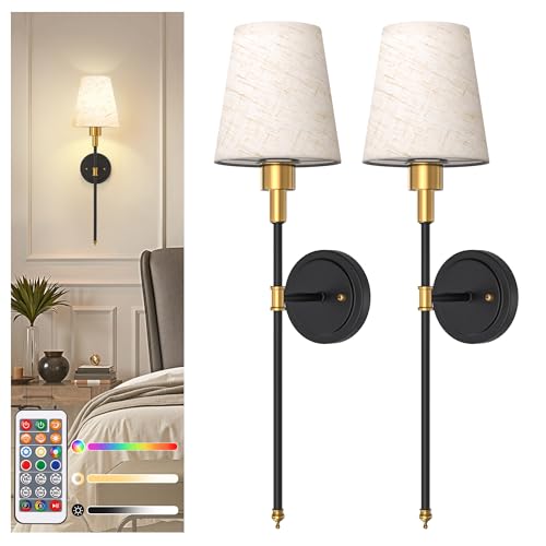 Image of DORESshop Battery Operated Wall Sconce Set of 2, 7 Color Wireless Wall Light Easy to Install, Sconce Wall Decor Set of 2 for Bedroom, Living Room, Fabric Linen Shade, Gold and Black, 24.6in