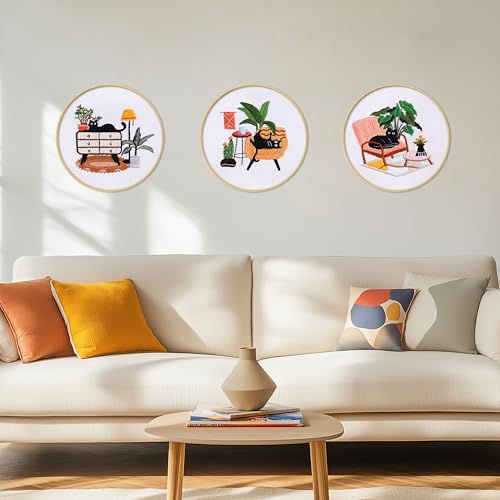 Image of KEKEMEOW 3 Sets Embroidery Kit for Beginners, Stitches with Black Cat and Furniture, Embroidery Stitch Practice kit for Craft Lover, Needlepoint Hand Embroidery Kit with Pattern、Instruction、Hoop