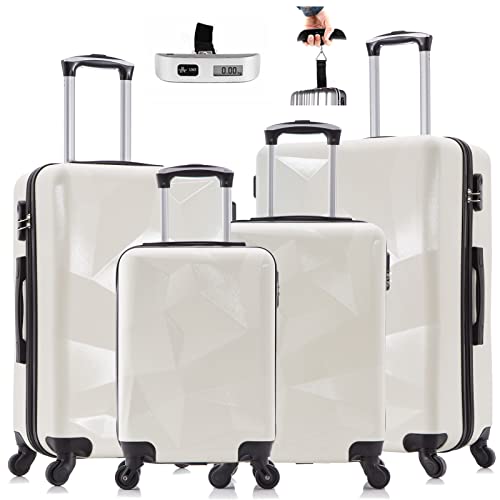 OKAKOPA White Luggage Set, 4 Piece Luggage Set Suitcases Set with Spinner Wheels Hardshell Lightweight Luggage 18