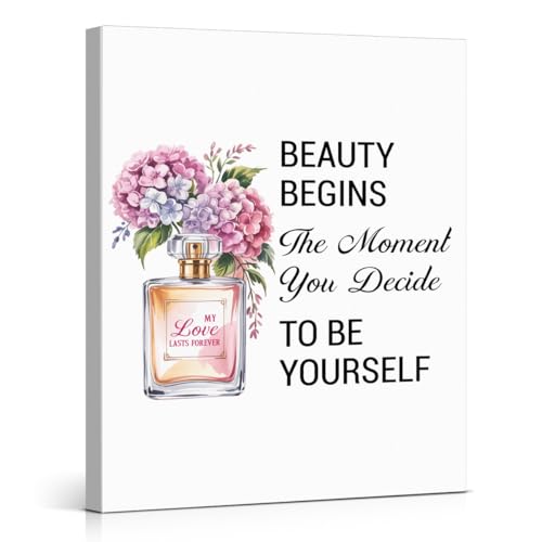 Inspirational Pink Flower Wall Art Decor for Powder Room Bedroom Bathroom, Motivational Quotes Wall Decor Canvas Painting Pictures Artwork Gift for Women Teens (8 X 10 Inches, Framed)