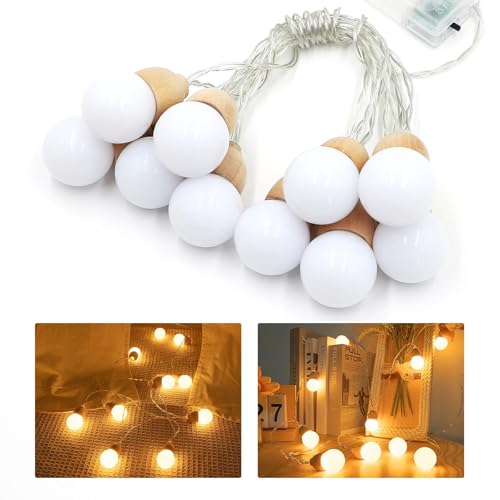 Bigzom Guirlande lumineuse 2M 10LED, Guirlande Lumineuse intérieur 10 Boules, Blanc chaud à pile avec fonction minuterie, boules lumineuses à pile Ø30mm...