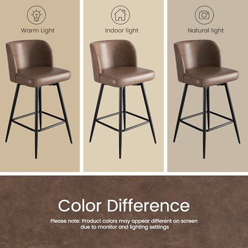 Image of Swivel Bar Stools Set of 6, 26 inch Counter Height Bar Stools with High Back and Metal Legs, Faux Leather Bar Chairs, Modern Barstools for Kitchen Island, Brown
