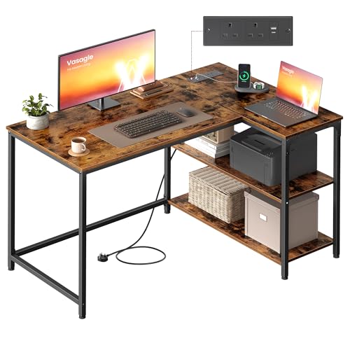 VASAGLE L Shaped Corner Desk Computer Gaming Desk with Storage Reversible Height-Adjustable Shelves for Home Office with Power Outlets 2 USB Ports 110 x 80 cm Rustic Brown LWD131KD02