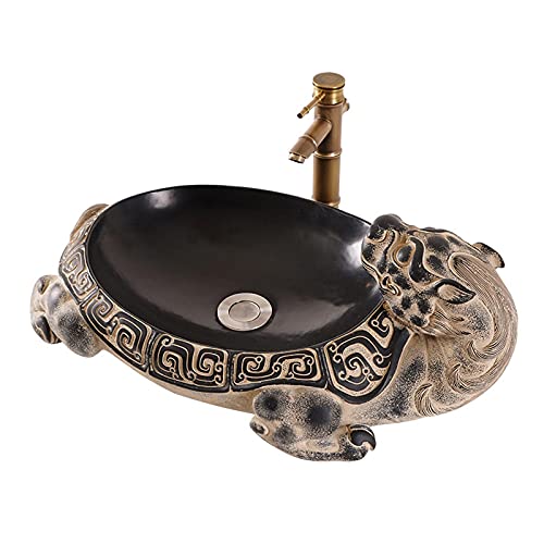 MRKU Lavabo de baño de Estilo Chino Creativo Lavabo sobre encimera Lavabo de tocador con Forma de Animal Lavabo de tocador de Color Piedra Vintage con Grifo Lavabo de baño Combinado
