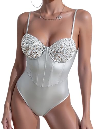 FEOYA Sexy Sequin Bodysuit for Women One Piece Lingerie Deep V-Neck Teddy Bodysuit Straps One Piece Nightwear Shiny Clubwear Sleeveless Catsuit Slim Jumpsuit Sleepwear Silver M
