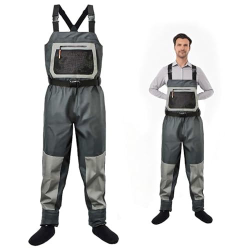 SHOUDE Fishing Waders for Men, Waterproof Chest Waders with Neoprene Stockingfoot Breathable Waders for Fly Fishing &Hunting Grey-XL