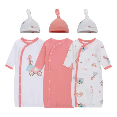 Image of LAT Baby Newborn Gown,3 Packs Baby Sleeping Bag with Hat,Long Sleeve Cotton Sleep Sack,Nightgown Newborn Boys Girls(Princess Castle+Pink,3-6months)