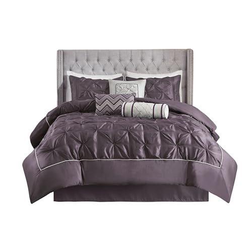 Madison Park Laurel Cozy Comforter Set - Traditional Tufted Faux Silk Design, All Season Down Alternative Bedding with Matching Shams, Decorative Pillow, Plum King(104