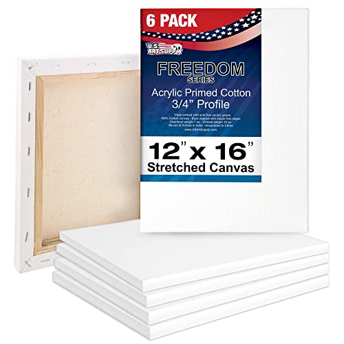 U.S. Art Supply 12 x 16 inch Stretched Canvas 12-Ounce Primed 6-Pack - Professional White Blank 3/4