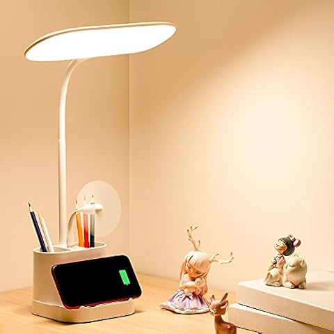 Desk Lamp 8W, Multi-Function Desk Light, 3 Modes Desk Lamp for Study, Eye-Caring LED Desk Lamp, Pen Holder White Desk Lamp Office, Desk Lamp for Bedroom, Battery Operated Table Lamp, Battery Lamp Cover