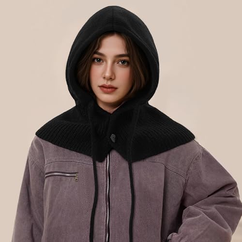 Balaclava Hat for Women, Warm Ear Neck Hooded Scarf Hat with Drawstring, Fashionable Knit Beanie Skull Cap in Cold Weather Outdoors, Black - Thumbnail 7