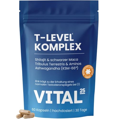 Vital25® T-Level Kapseln mit Shilajit, Ashwagandha KSM-66®, Maca schwarz, Bockshornklee, Tribulus, Cordyceps, Bor, Aminos - hochdosiert & vegan - 60 Kapseln für 30 Tage_1