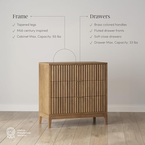 Image of Nathan James Jasper Mid Century Modern 3-Drawer Dresser with Solid Wood Frame, Fluted Dresser for Nursery or Small Drawer for Bedroom, Light Brown