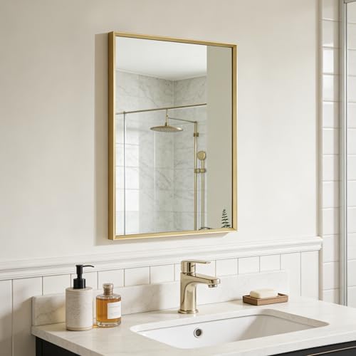 Image of Bathroom Mirror for Wall, 24x16 Inch Framed Vanity Mirror Brushed Gold
