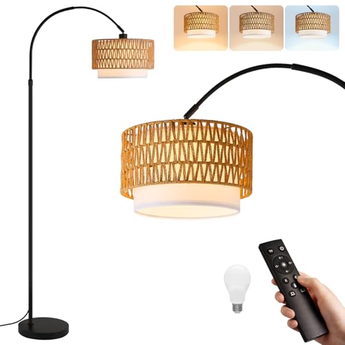 Woiledlt Bogenlampe Wohnzimmer Stehlampe Boho: Vintage Stehleuchte dimmbar aus Rattan schwarz Bogen Wohnzimmerlampe stehend retro mit Fernbedienung & LED-Glühbirne Standlampe Schlafzimmer Büro