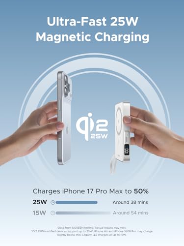 Image of UGREEN MagFlow 10,000mAh Power Bank, Qi2 25W Certified Wireless Charging, Magnetic Portable Charger for MagSafe with Built-in Cable, 30W USB-C Battery Pack for iPhone 17 Pro Max /16 /15 /14 /13 /12, White