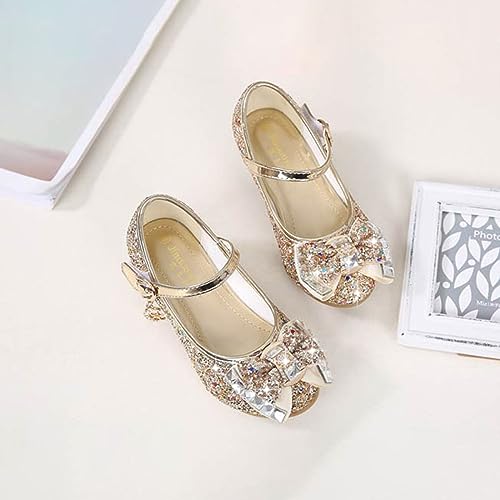 Yoawdats Girls Toddler Dress Shoes Sparkly Ruby Bowkno Flowert Wedding Party Bridesmaids Low Heel Princess Shoes for Kids (Gold, 18.7 cm)3