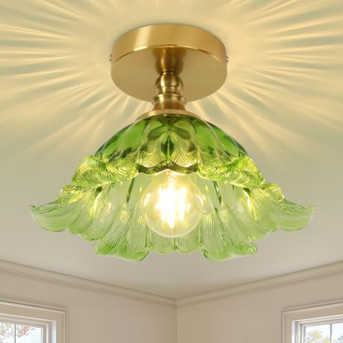 Pandaluna Semi Flush Mount Ceiling Light Fixture, 11in Green Glass