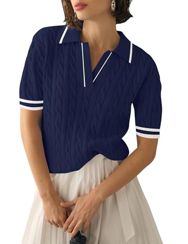 Image of Micoson Womens Short Sleeve Sweater Tops Lapel V Neck Polo Shirts 2026 Summer Cable Knit Loose Blouse Business Casual Outfits