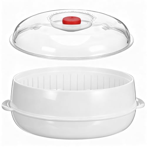 MAGICLULU Cuiseur Vapeur Pour Micro-Ondes 24.5cm, Cuit-Vapeur Rond Avec Couvercle Ventilé Et Poignée Isolante, Panier Plastique Sans BPA Pour Riz Poisson...