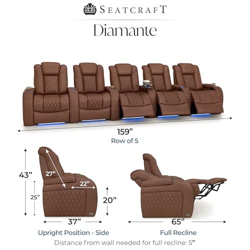 Image of Seatcraft Diamante Tobacco Italian Leather Home Theater Seating, Zero Gravity Power Recliner Gaming and Home Office Chair, Powered Headrest Lounge Sofa Furniture for Cinema Room, Row of 5