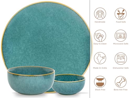 Image of Bodhi House Ceramic Dinner Set, 14 Pieces, Handmade Reactive Glaze Dinnerware, Stoneware Dining Sets Serving for 6, Microwave, Dishwasher Safe, Glossy Finish Crockery Set for Gifting, Ocean Green