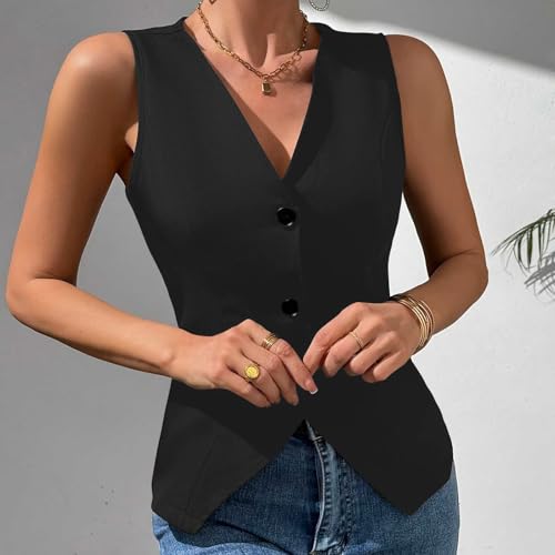 Womens Blazer Vest V Neck Sleeveless Button down Vest Work Casual Fitted Waistcoat Trendy Suit Tops Summer Dressy Tops2