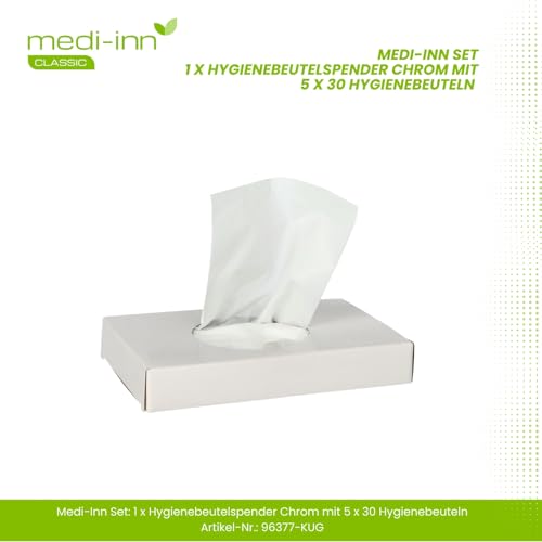 Medi-Inn Hygienebeutelspender | mit Hygienebeuteln | 1 x Spender chrom + 5 x 30 Hygienebeutel | für eine einfache Entsorgung von Damenbinden, Slipeinlagen und Tampons