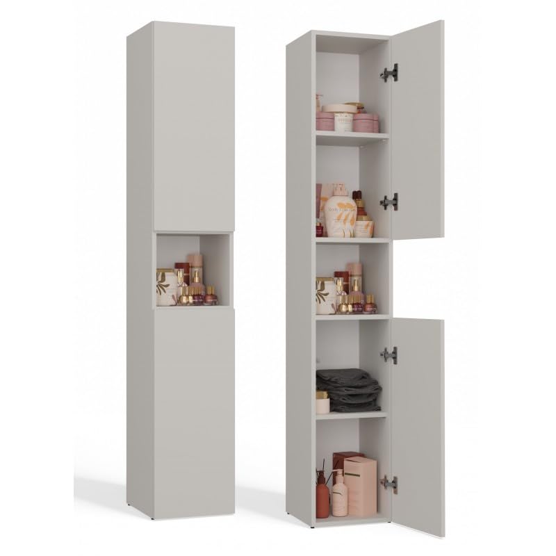 CDF Bad Hochschrank 174 cm schmaler Badezimmerschrank mit Tür und offenen Fächern Standregal Aufbewahrung modern Slim Design holzoptik - Kaschmir (beige)