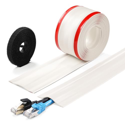 8.2ft Cord Cover Floor, Soft PVC Cord Covers for Wires on Floor, Self-Adhesive Cord Hider, Cable Management Wire Protector for Commercial Office Carpet/Floors/Wall White