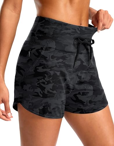 Soothfeel Women's Athletic Running Shorts with Zipper Pockets 3' High Waisted Workout Active Gym Shorts for Women with Liner Black Camo Large