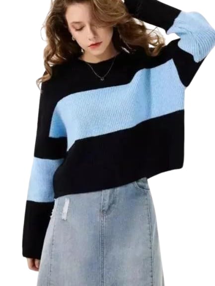 Women’s Colorblock Sweater Pullover | Black Blue Knit Full Sleeve Winter Top | Size Medium-picture-11