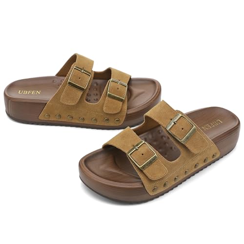 Image of UBFEN Womens Platform Slide Sandals | Real Leather,Buckle Sandals with Cushioned Flatform Footbed,Comfortable for Walking,Arch Support,Casual Styling