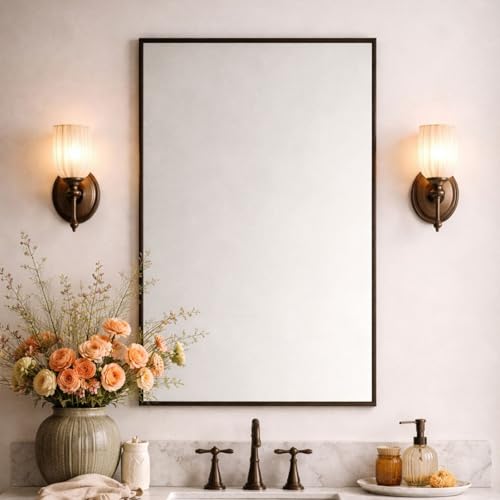 Image of TEHOME Oil Rubbed Bronze Bathroom Vanity Mirror with Squared Corners, 20x28'' Dark Bronze Rectangle Stainless Steel Metal Framed Mirror for Bathroom