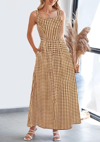 PRETTYGARDEN Women's 2025 Summer Spaghetti Strap Maxi Dresses Plaid Square Neck A Line Casual Beach Vacation Long Sundress4
