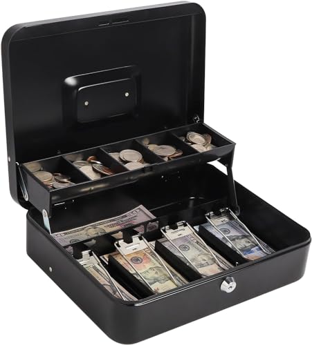 Image of Wosta Cash Money Safe Box - Compact Solid Steel Lockable Security Storage Chest for Loose Money, Coins, Change & Valuables with 2 Keys (X-Large) 11.8 inchL x 9.5 inchW x 3.5 inchH, Black