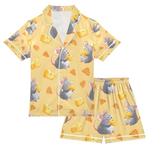 senya Mouse Eat Cheese Satin Summer Pajama Sets Silk Short Sleeve Button Down Sleepwear