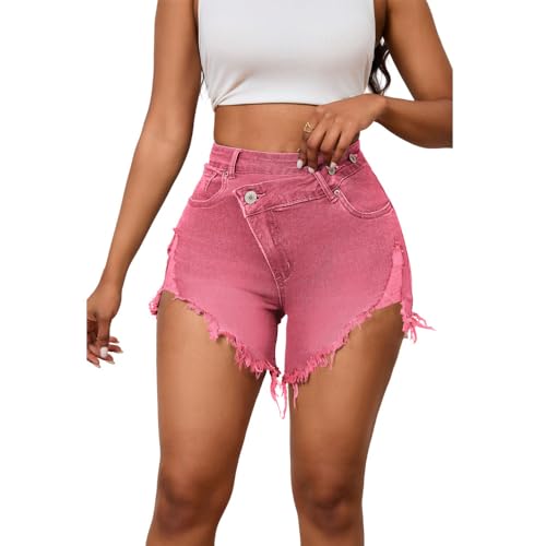 Image of PINSV Women's High Waisted Crossover Jean Shorts Ripped Hem Raw Denim Shorts
