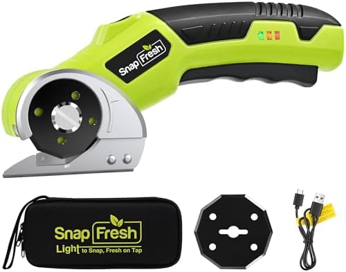 SnapFresh Kartonschneider Akku Elektrische Schere Rollschneider mit 2 selbstschärfenden SKS7-Klingen, LED-Licht & Aufbewahrungstasche – Schneidet Karton, Papier, Teppich, Leder, Fi