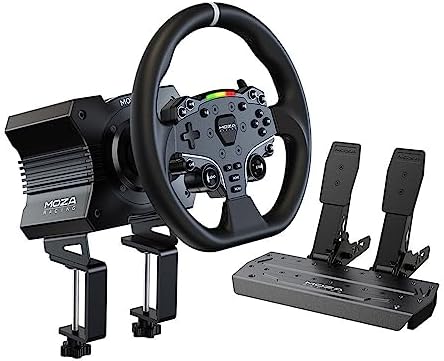 MOZA R5 All-in-One PC Gaming Racing Simulator: 5.5Nm Direct Drive Wheel Base, 11-inch Racing Wheel, Anti-Slip Pedals and a Desk Clamp, Cloud-based App Control