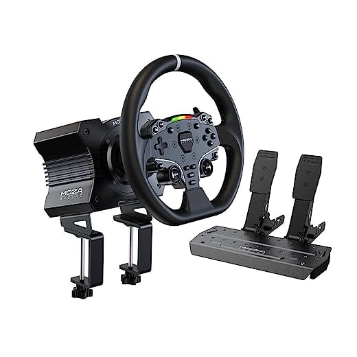 MOZA R5 All-in-One PC Gaming Racing Simulator 4PCS Bundle: 5.5Nm Direct Drive Wheel Base, 11-inch Racing Wheel, Anti-Slip Pedals and a Desk Clamp, Cloud-based App Control