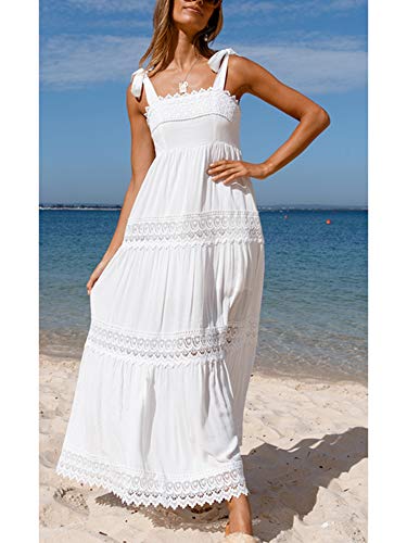 Women Mesh Dresses Sleeveless Casual Lace Long Dress Summer Backless Loose Beach Sundress (Color : White, Size : L.)4