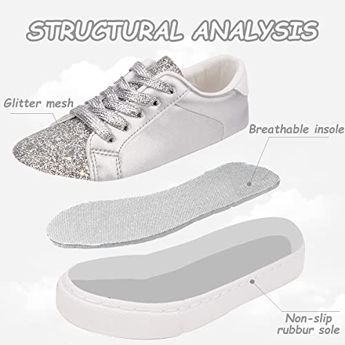 Toandon Toddler Boys Girls Sneakers Shoes Kids Low Top Slip On Lace Up Non-Slip Sparkle Glitter Sequins Sliver Lightweight Rubber Sole Breathable Outdoor Fashion Casual Walking Shoes Silver Size 10 #TOP4