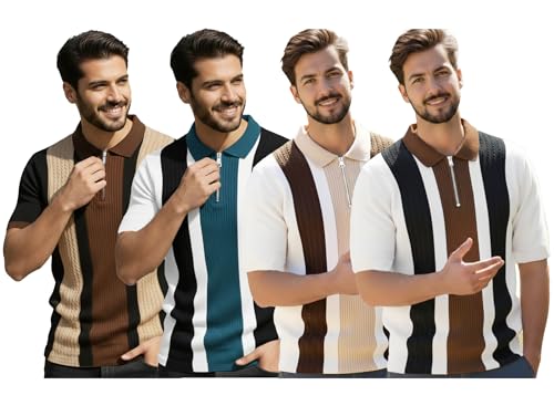 Image of AUSK Men's Retro Cable-Knit Quarter-Zip Polo | Premium Textured Self-Design Half Sleeve T-Shirt for Men