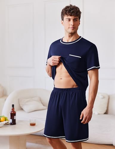 Image of Ekouaer Men's Pajamas Set Casual Short Sleeve Shirts and Shorts Soft 2 Piece Loungewear With Pockets