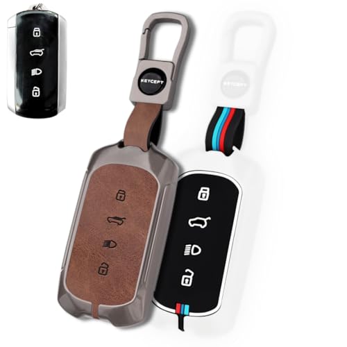 Image of KEYCEPT Metal Alloy Key Cover Compatible for Tata Curvv, Curvv EV Smart Key with Keychain (Dual Black & Tan).