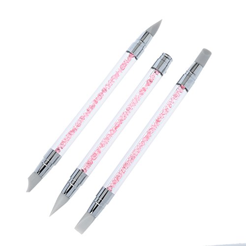 Docooler 3Pcs/Set Acrylic Handle Nail Art Brushes Silicone Dual Heads Carving Pen Rhinestone Salon Tool Set Pink
